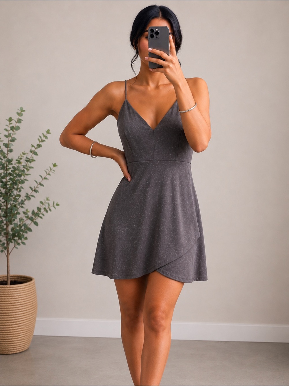 Windsor Charcoal Gray Glitter Asymmetrical Midi Dress XS